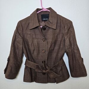 Carlisle 100% Silk Jacket Blazer Tie Waist Womens 2 Button Up Brown Office EUC